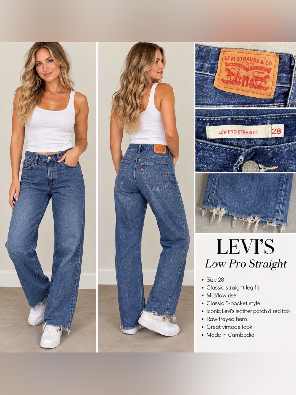 Levi’s Low Pro Straight Jeans Women’s Size 28 Medium Wash Raw Frayed Hem